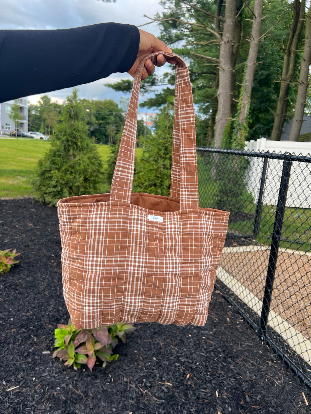 Brown Plaid Quilted Tote Bag