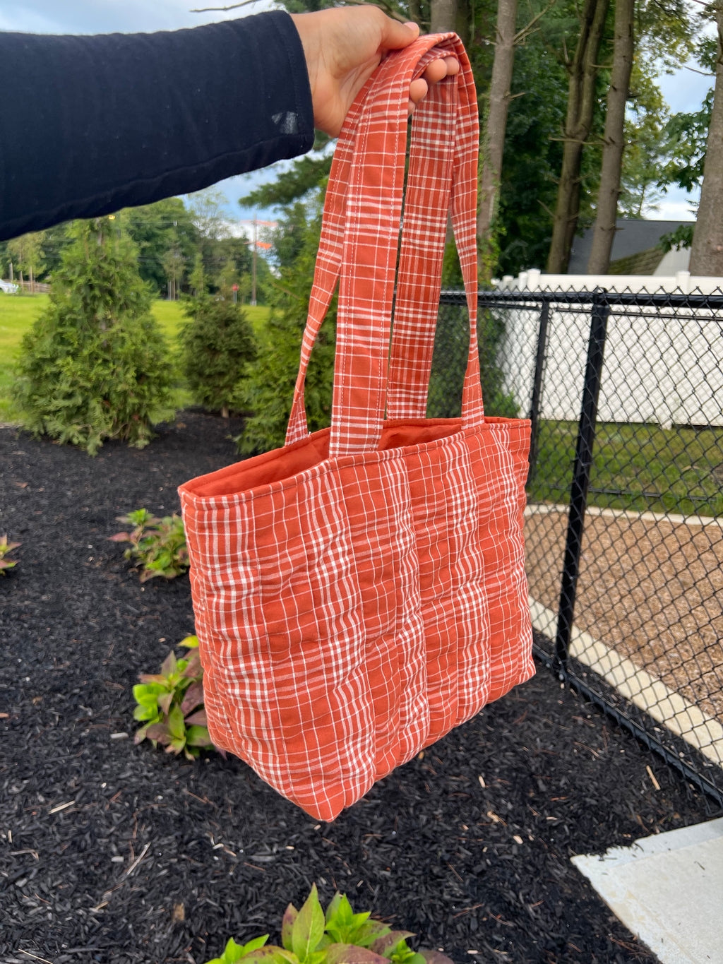 Orange Plaid Quilted Tote Bag