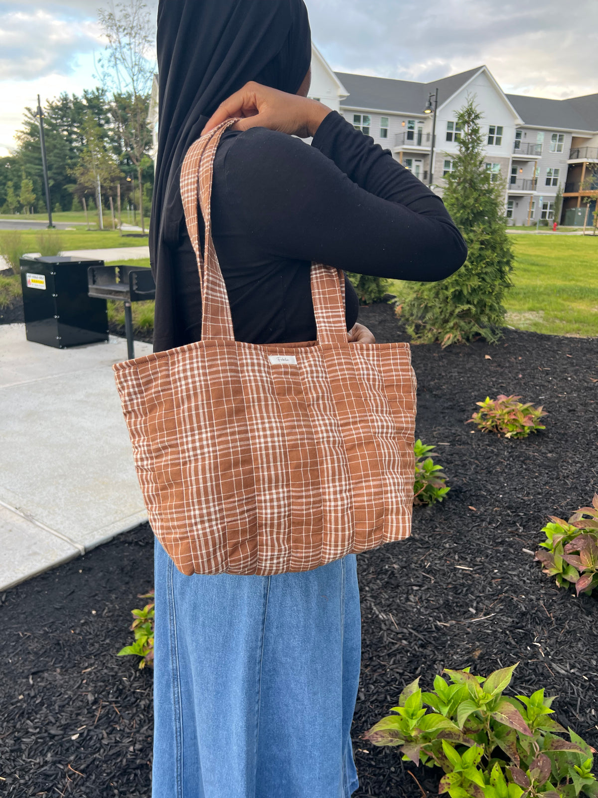 Brown Plaid Quilted Tote Bag