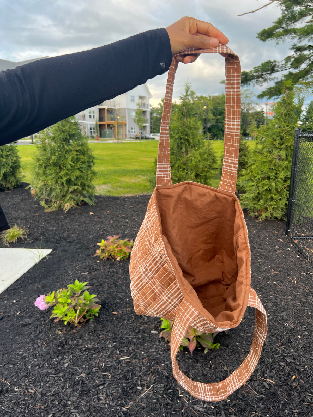 Brown Plaid Quilted Tote Bag