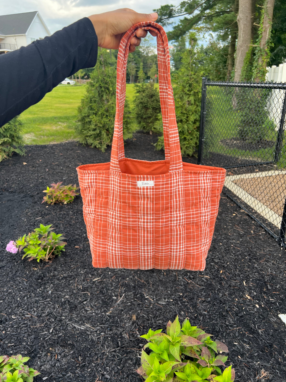 Orange Plaid Quilted Tote Bag