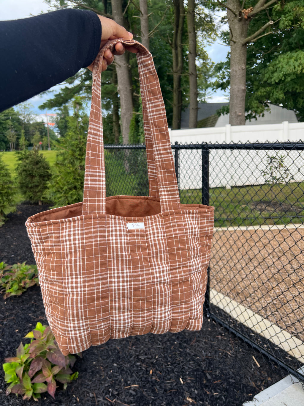 Brown Plaid Quilted Tote Bag
