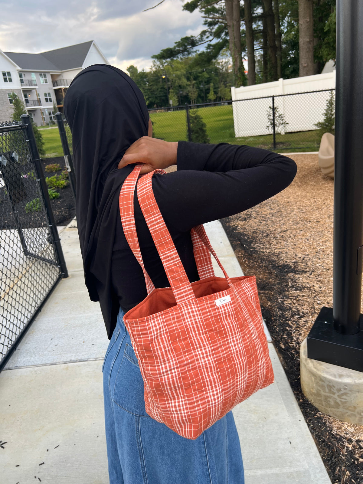 Orange Plaid Quilted Tote Bag